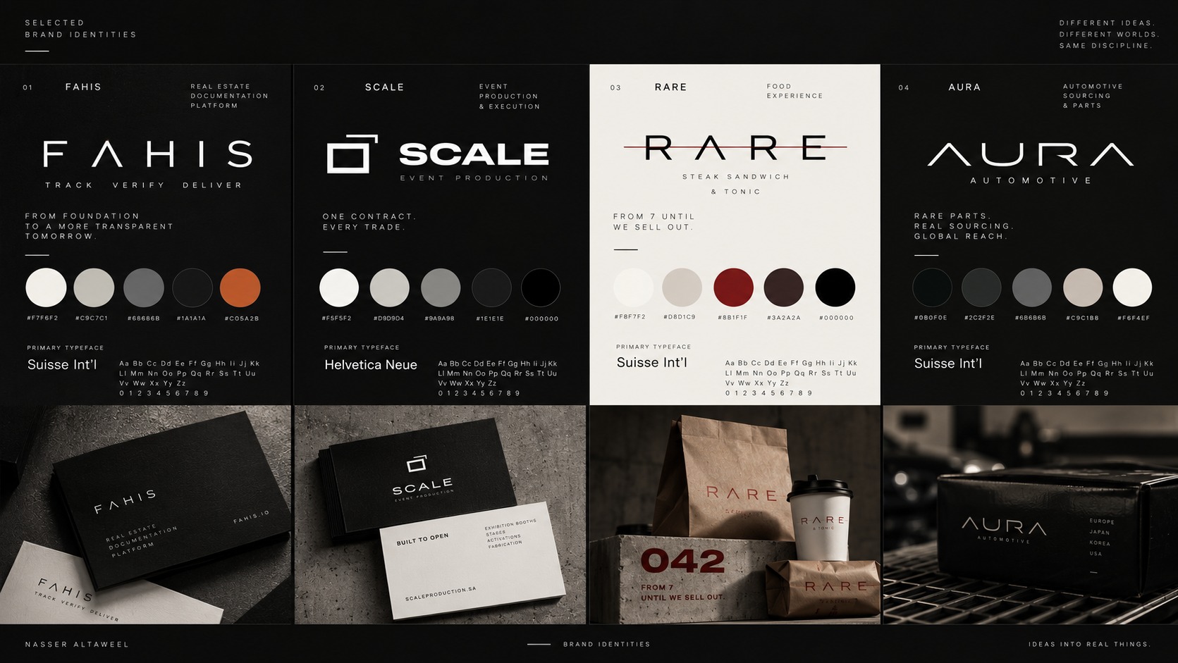 Selected brand identities — FAHIS, SCALE, RARE and AURA: logos, typography, colour systems and printed applications