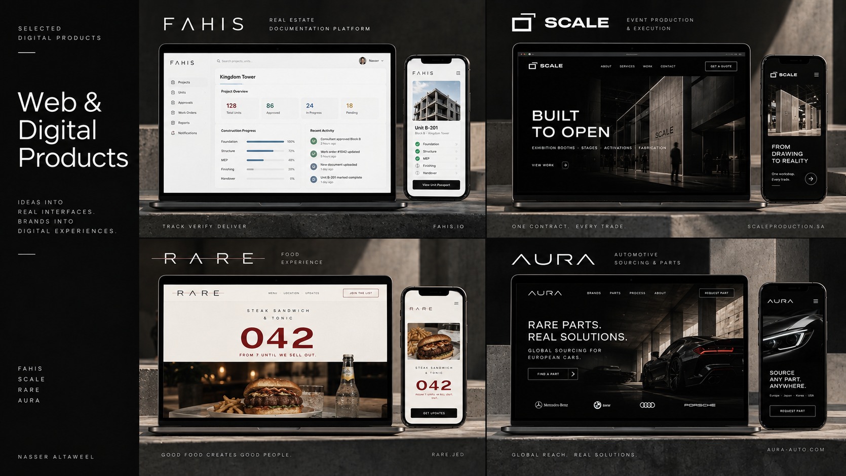 Selected digital products — FAHIS, SCALE, RARE and AURA websites and product interfaces on desktop and mobile