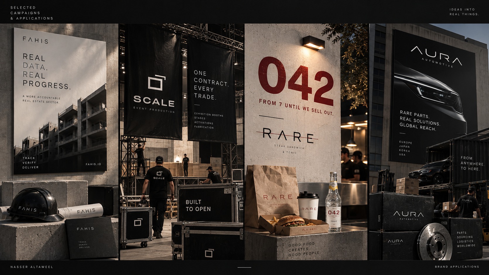 Selected campaigns and applications — FAHIS, SCALE, RARE and AURA in built environments: hoardings, banners, signage and packaging