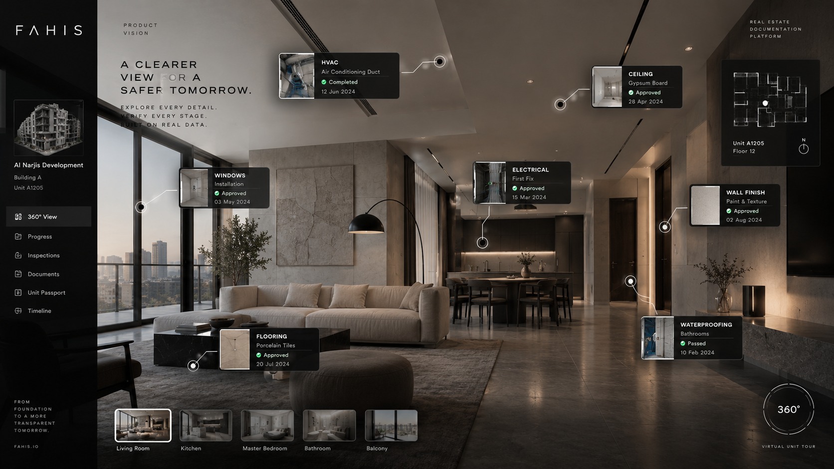 FAHIS spatial record — product vision: a completed apartment with construction history hotspots for HVAC, electrical, waterproofing, flooring and finishes