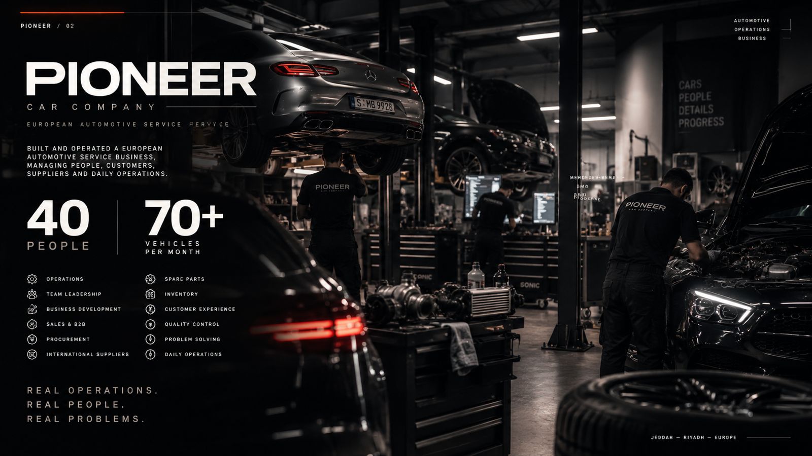 Pioneer Car Company — European automotive service business, 40 people, 70+ vehicles per month